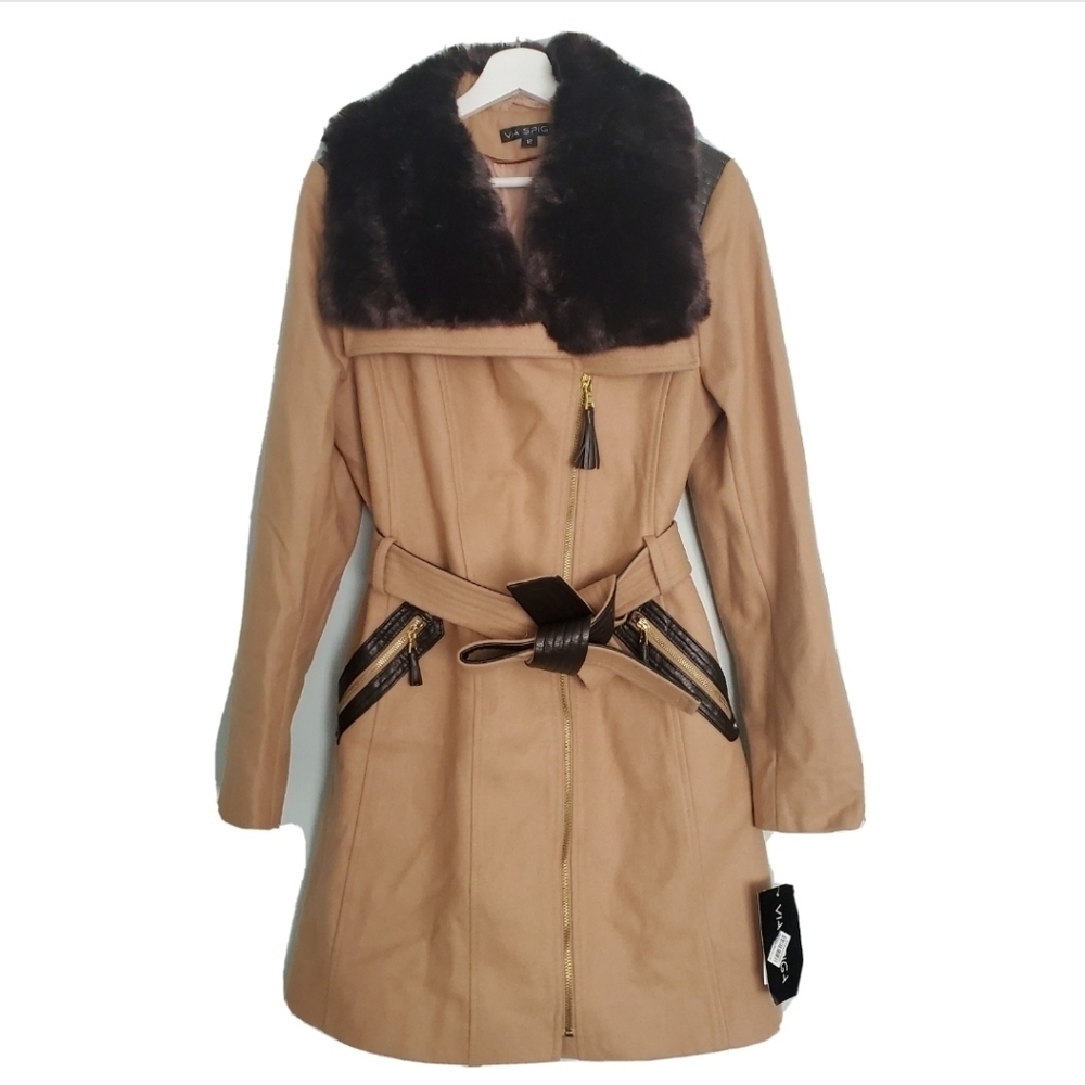 NWT Via Spiga Beige Faux-Fur-Collar Mixed-Media Wool Blend Coat